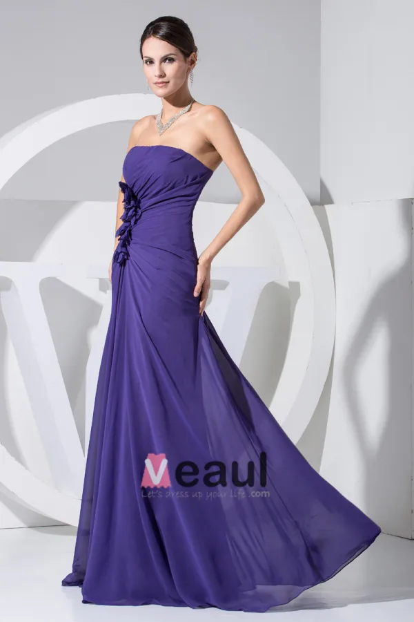 Chiffon Strapless Sleeveless Zipper Ruffle Floor Length Evening Dress