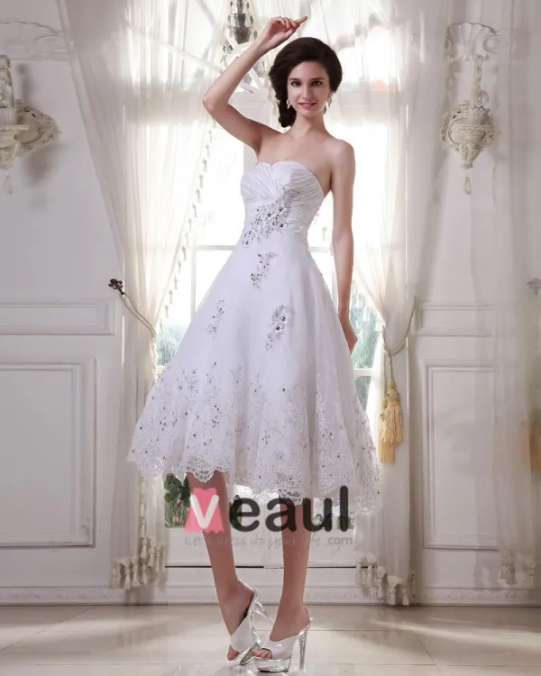 Charmant Fils De Satin Perles Ruffle Cherie Nuptiale Courte Robe De Mariage Robe