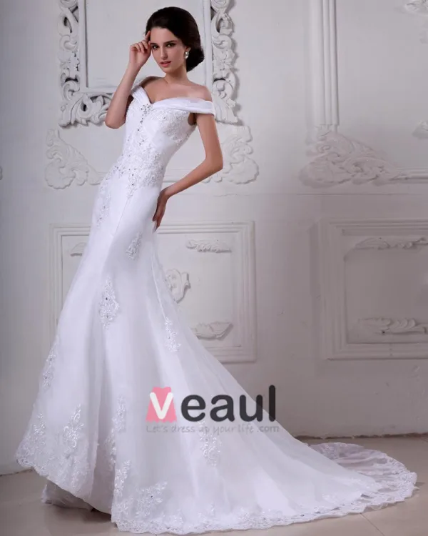 Off-Shoulder Organza Satin Beading Applique Cathedral Train Mermaid Wedding Dresses