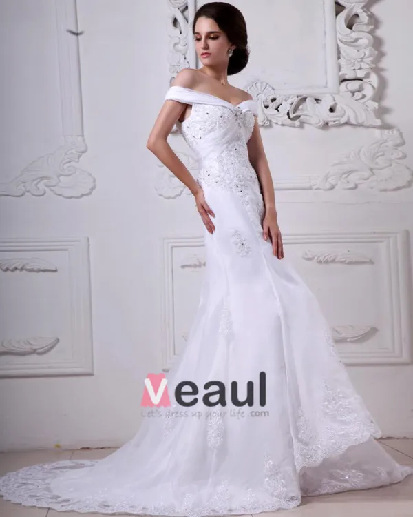 Off-Shoulder Organza Satin Beading Applique Cathedral Train Mermaid Wedding Dresses
