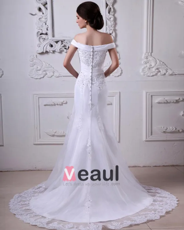 Off-Shoulder Organza Satin Beading Applique Cathedral Train Mermaid Wedding Dresses