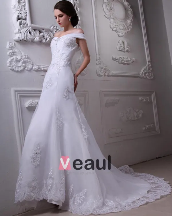 Off-Shoulder Organza Satin Beading Applique Cathedral Train Mermaid Wedding Dresses