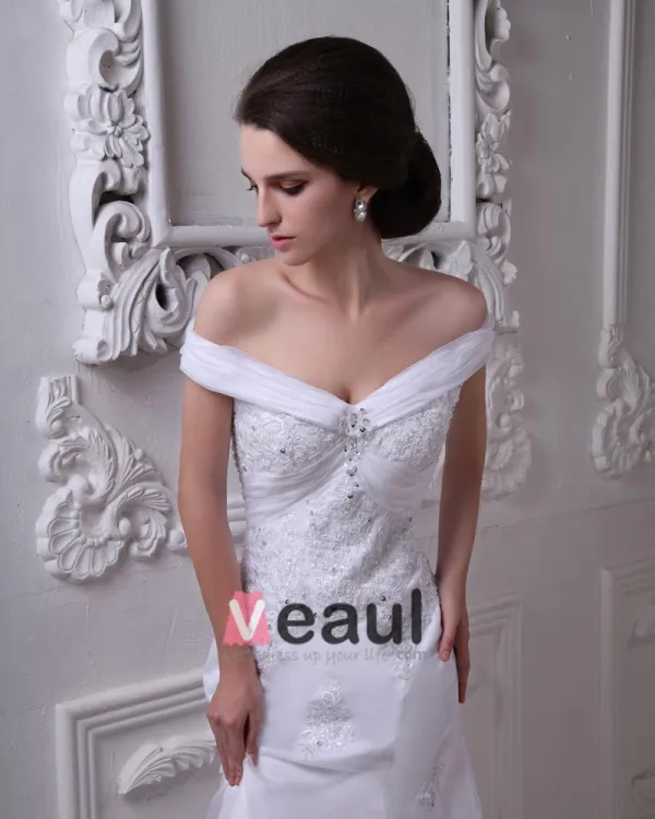 Off-Shoulder Organza Satin Beading Applique Cathedral Train Mermaid Wedding Dresses