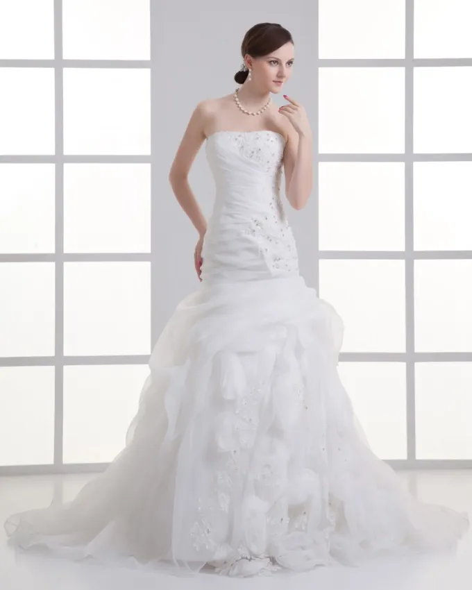 Organza Blomst Frynse Stroppelos Domstol Tog Havfrue Brudekjoler Bryllupskjoler