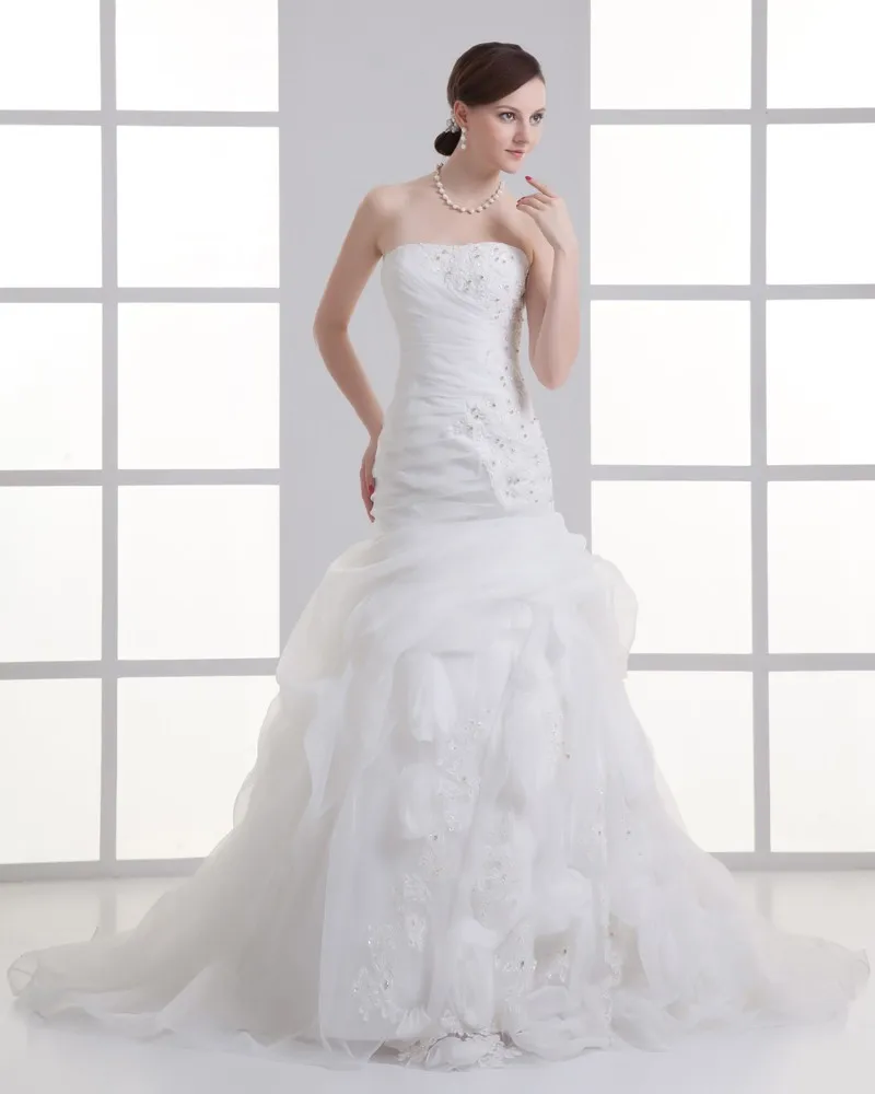 Organza Blomst Frynse Stroppelos Domstol Tog Havfrue Brudekjoler Bryllupskjoler