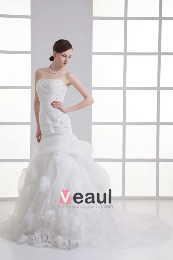 Fleur D'organza Ondule Train Tribunal Robe De Mariée Sirène Bustier