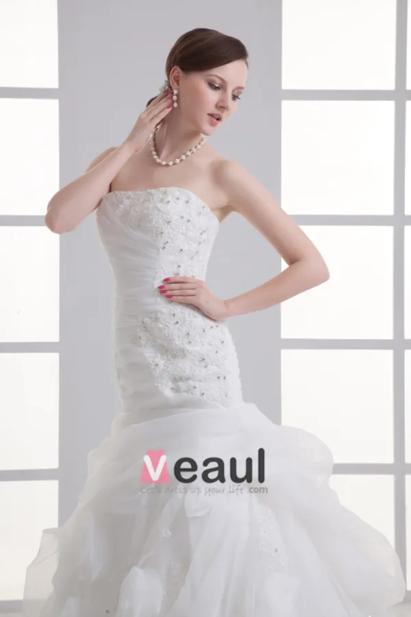 Fleur D'organza Ondule Train Tribunal Robe De Mariée Sirène Bustier