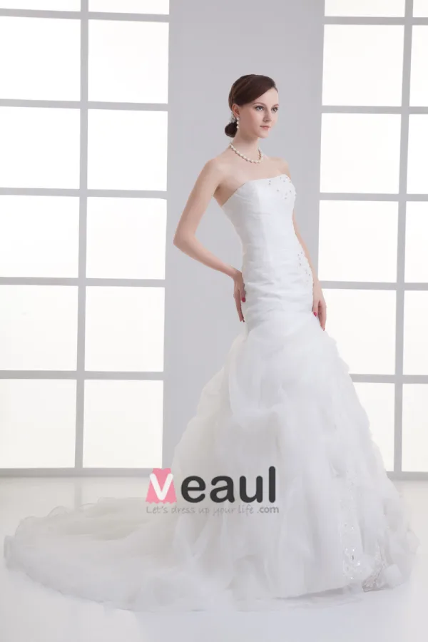 Fleur D'organza Ondule Train Tribunal Robe De Mariée Sirène Bustier