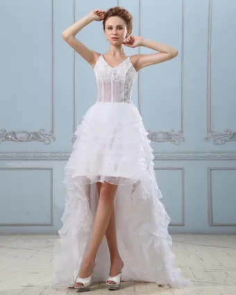 Court Train V Neck Applique Layered Mini Wedding Dresses