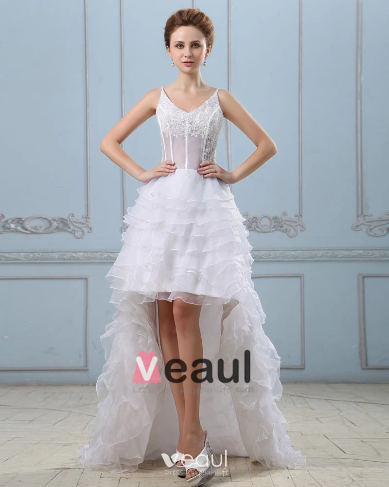 Court Train V-Neck Applique Layered Mini Wedding Dresses