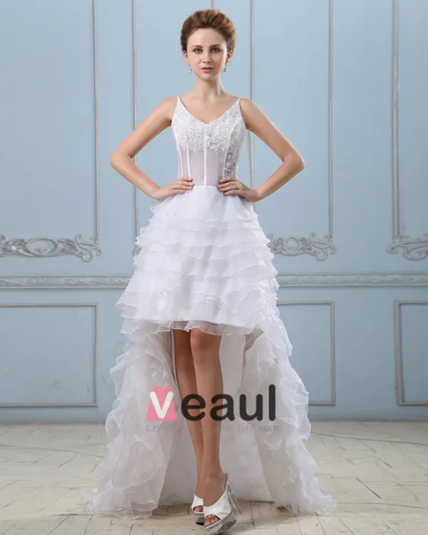 Court Train V-Neck Applique Layered Mini Wedding Dresses
