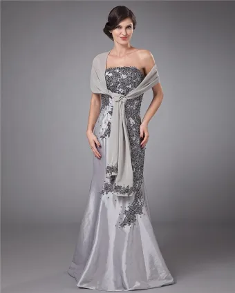 Satin Strapless Applique Trumpet Floor Length Mothers Of Bride Guests Dresses
