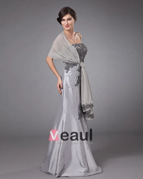 Satin Strapless Applique Trumpet Floor Length Mothers of Bride Guests Dresses