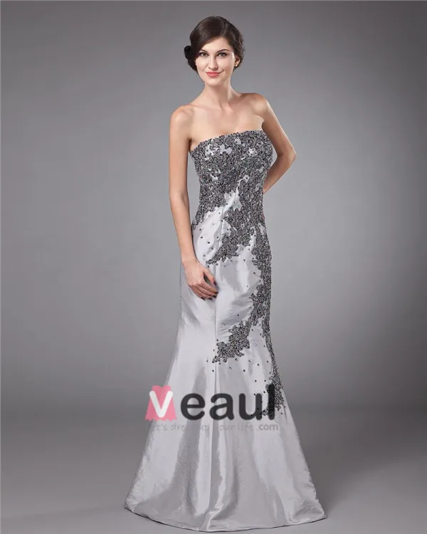Satin Strapless Applique Trumpet Floor Length Mothers of Bride Guests Dresses