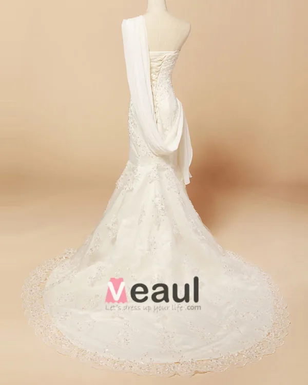 Dentelle Exquise Perles Satin Une Robe De Mariée Sirène D'epaule