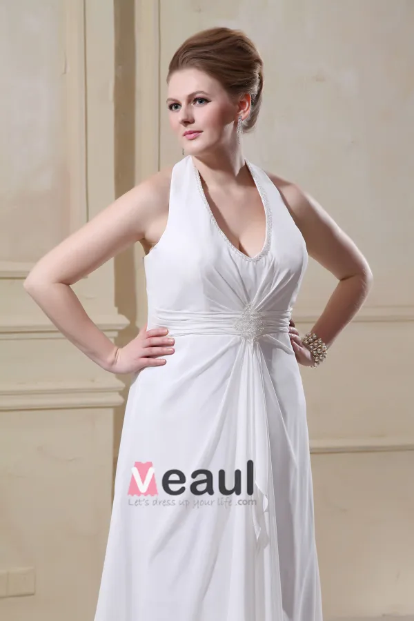 Beading Ruffles Halter Sweep Plus Size Bridal Gown Wedding Dress