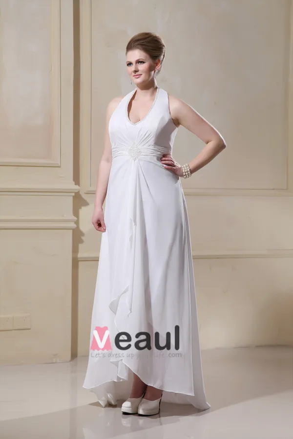 Beading Ruffles Halter Sweep Plus Size Bridal Gown Wedding Dress