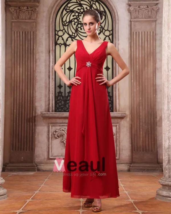 Mousseline De Soie Elegante Volants Col En V Longueur Robe De Demoiselle D'honneur De Sol