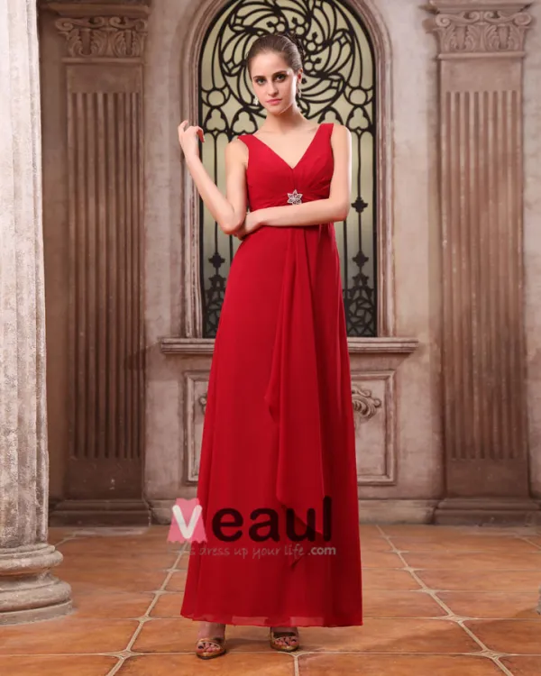 Mousseline De Soie Elegante Volants Col En V Longueur Robe De Demoiselle D'honneur De Sol