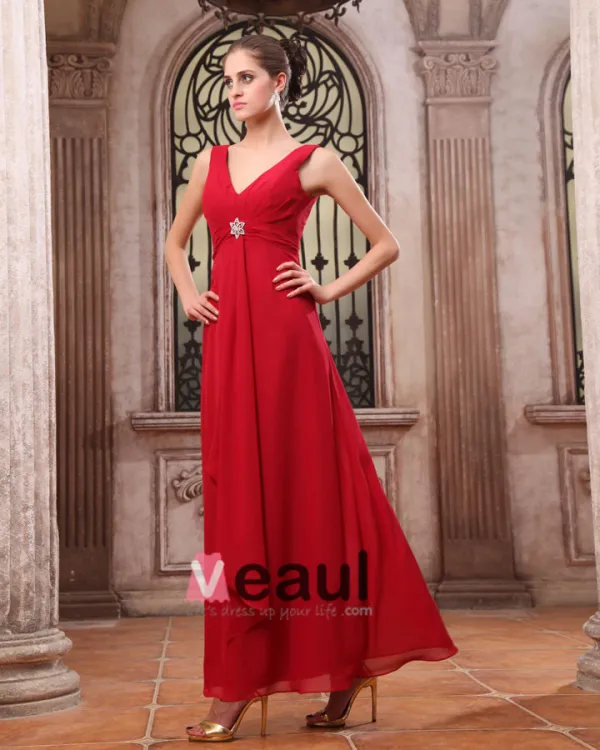 Mousseline De Soie Elegante Volants Col En V Longueur Robe De Demoiselle D'honneur De Sol