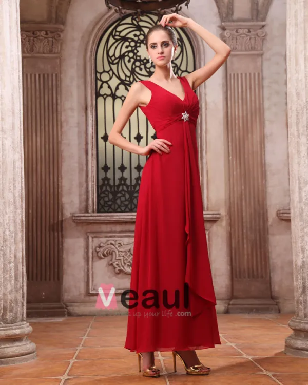 Mousseline De Soie Elegante Volants Col En V Longueur Robe De Demoiselle D'honneur De Sol