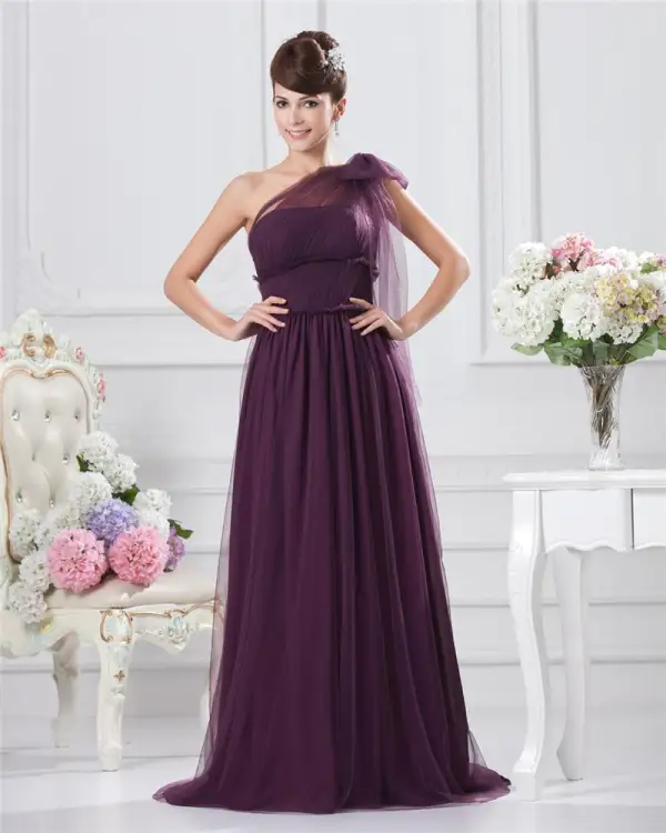 Chiffon Bowtie En Skulder Gulv Lengde Brudepikekjoler