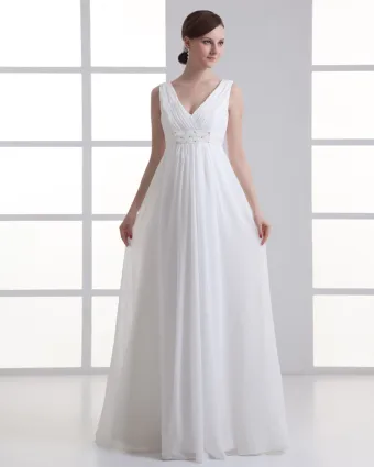 Chiffon Ruffle Beading V Neck Floor Length Empire Wedding Dress