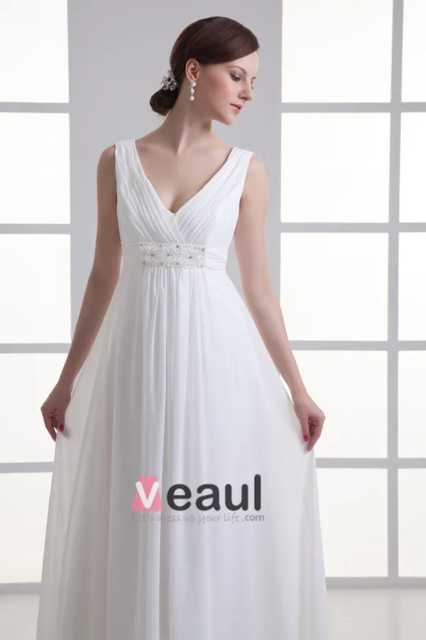 En Mousseline A Volants Perles Col En V Etage Longueur Robe De Mariée Empire