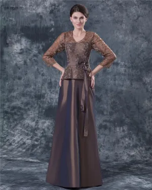 Komfortabel V Hals Gulv Lengde Bowknot Taffeta Blonder Paillette Brudens Mor Kjole