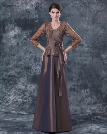 Confortable V Cou Parole Longueur Taffetas Dentelle Bowknot Paillette Mere De La Robe De Mariée