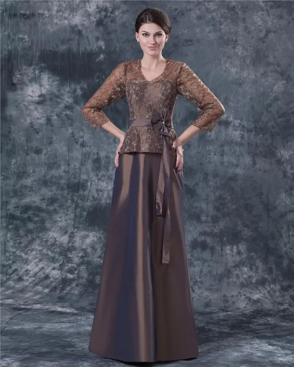 Komfortabel V Hals Gulv Lengde Bowknot Taffeta Blonder Paillette Brudens Mor Kjole