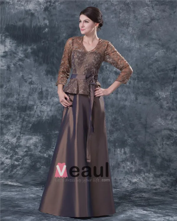 Comfortable V-Neck Floor Length Bowknot Taffeta Lace Paillette Mother of the Bride Dress