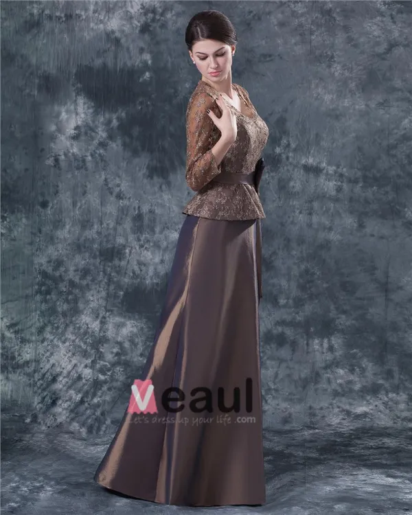 Comfortable V-Neck Floor Length Bowknot Taffeta Lace Paillette Mother of the Bride Dress