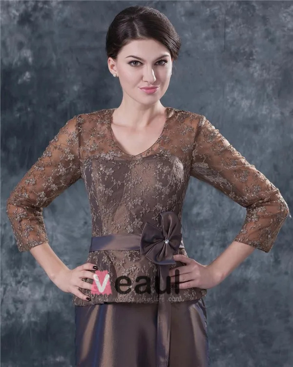 Comfortable V-Neck Floor Length Bowknot Taffeta Lace Paillette Mother of the Bride Dress