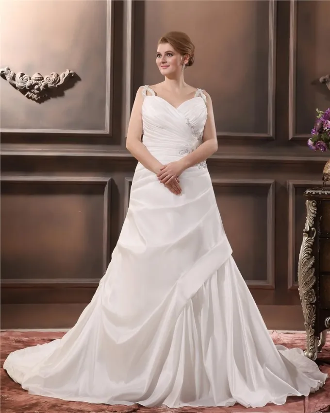 Satin Beading V Hals Domstol Store Størrelser Brudekjoler Bryllupskjoler