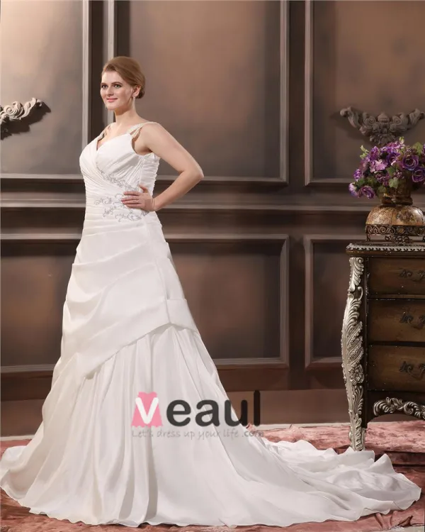 Satin Perlage V Tribunal De Cou Plus La Taille Robe De Mariage Nuptiale Robe