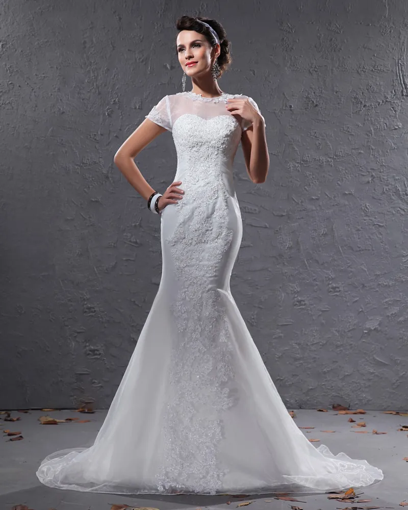 Elegant Organza Applikasjon Beaded Smykker Gulv Lengde Domstol Tog Havfrue Brudekjoler Bryllupskjoler