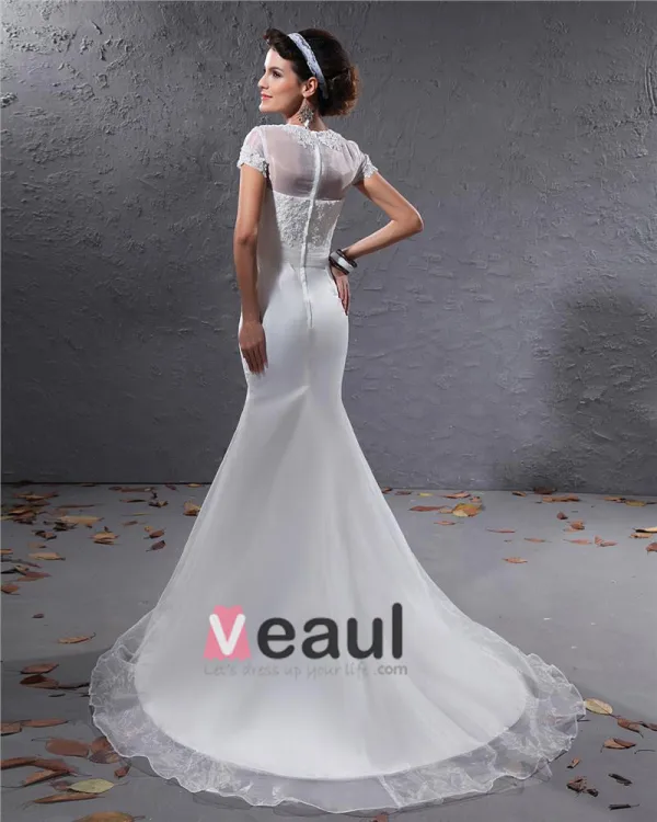 Elegant Organza Applique Beaded Jewel Floor Length Court Train Mermaid Wedding Dress