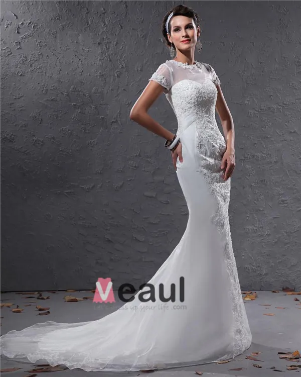 Elegant Organza Applique Beaded Jewel Floor Length Court Train Mermaid Wedding Dress