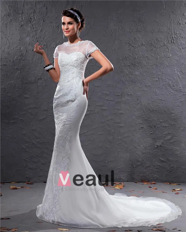 Elegant Organza Applique Beaded Jewel Floor Length Court Train Mermaid Wedding Dress
