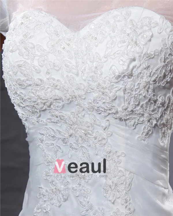 Elegant Organza Applique Beaded Jewel Floor Length Court Train Mermaid Wedding Dress