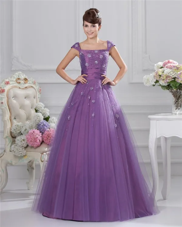 Plus Size Organza Ruffle Beads Square Neck Floor Length Prom Dresses