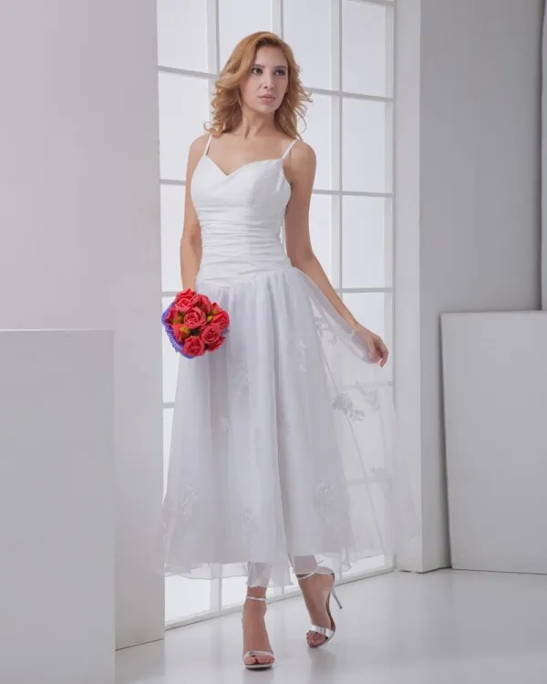 Taffeta Gauze Flower Spaghetti Straps Sleeveless Backless Zipper Ankle Length Pleated Mini Wedding Dress