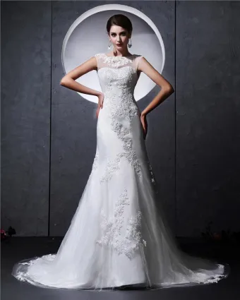 Tulle Satin Perles Applique Volants Cou Chapelle De Sirène De Mariée Robes De Mariage De Robe
