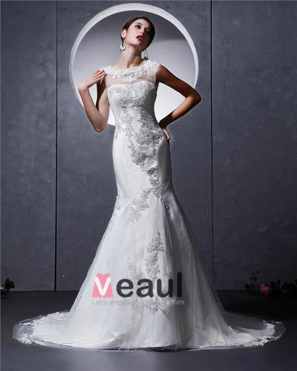 Satin Tulle Beaded Applique Ruffle High Neck Chapel Mermaid Bridal Gown Wedding Dresses