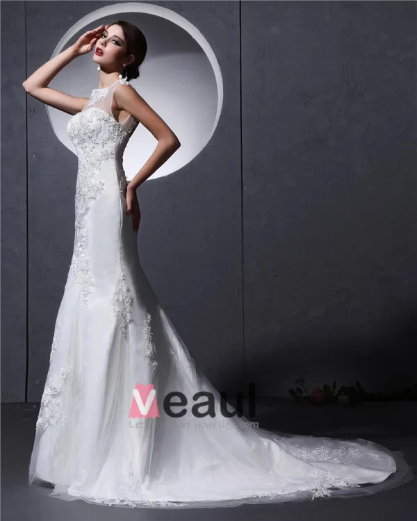 Satin Tulle Beaded Applique Ruffle High Neck Chapel Mermaid Bridal Gown Wedding Dresses
