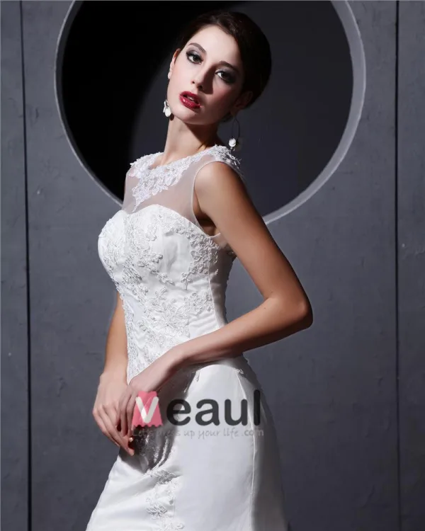 Satin Tulle Beaded Applique Ruffle High Neck Chapel Mermaid Bridal Gown Wedding Dresses