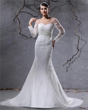 Elegant Satin Tulle Applique Beaded V Neck Floor Length Court Train Empire Wedding Dress