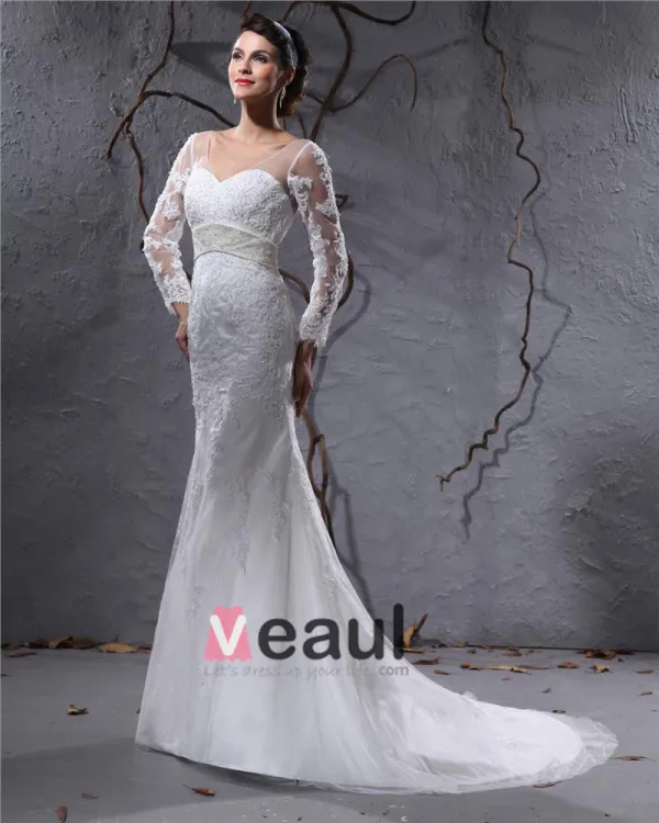 Elegant Satin Tulle Applique Perlee Col En V Etage Longueur De Train De Cour Robe De Mariée Empire