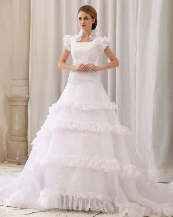 Elegant Solid Ruffle Lacework Applique Beading A-Line Square Neck Back Zipper Court Train Satin Gauze Lace Wedding Dress